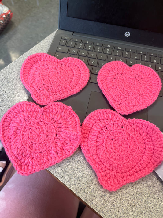 4 pack Pink Heart Crocheted Coasters